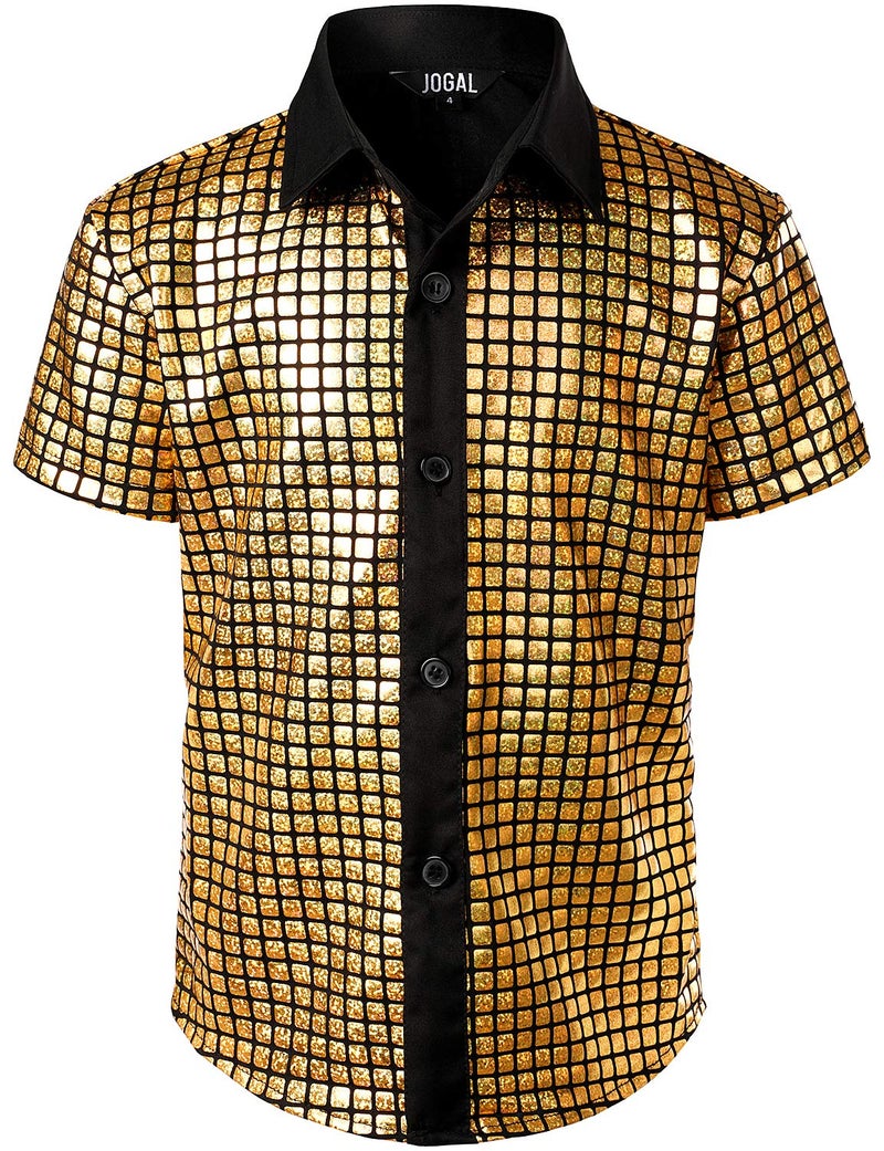 JOGAL Boy's Dress Shirt Sequins Button Down Shirts 70s Disco Party Costume 8 Gold - Image 1